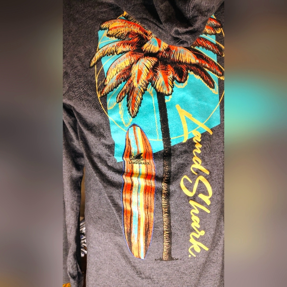 Margaritaville Land Shark Long Sleeve T-Shirt hood - Palm Tree Design Men's L - Picture 3 of 6